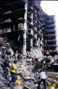 FEMA file photo: April 26, 1995 - Search and rescue crews work to save those trapped beneath the debris following the bombing of the Alfred P. Murrah Building in Oklahoma City. Timothy McVeigh was convicted and later executed for his role in the bombing. One accomplice of McVeigh, Terry Nichols, was also convicted and sentenced to life in prison.